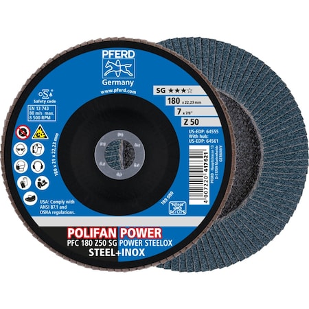 Pferd Flap Disc, 7''x7/8, Z SG POWER STEELOX, 50 Grit, T29, Conical, Zirconia 64555